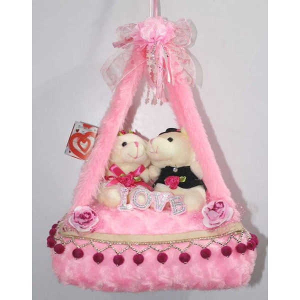 Pink Bed Hanging Jhoola with Love Couple Teddy Bears